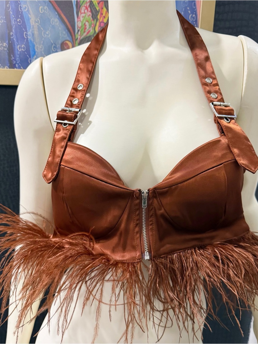 Satin Feather-Trim Halter Bandeau in Copper